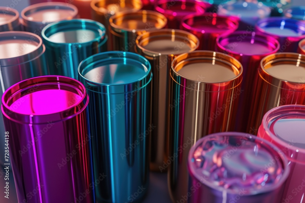 Poster A close up view of various cups in different vibrant colors. Suitable for use in a variety of contexts