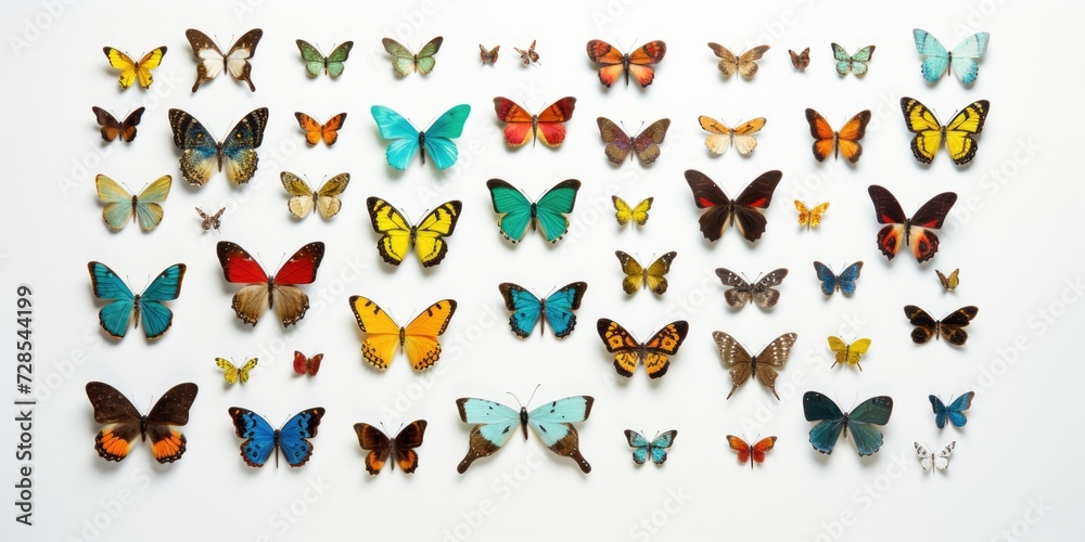 Poster Colorful butterflies gathered on a white surface. Versatile image suitable for various projects