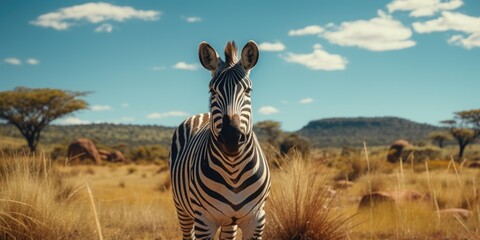 A zebra standing in the middle of a field. Suitable for nature and wildlife concepts
