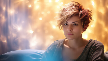 Woman with short haircut in bed in the evening, March 8 World Women's Day