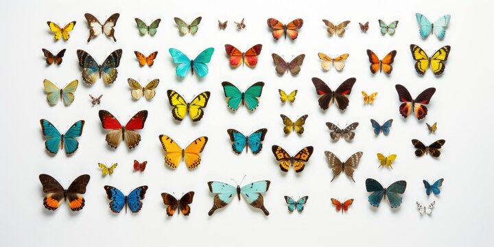 Colorful butterflies gathered on a white surface. Versatile image suitable for various projects