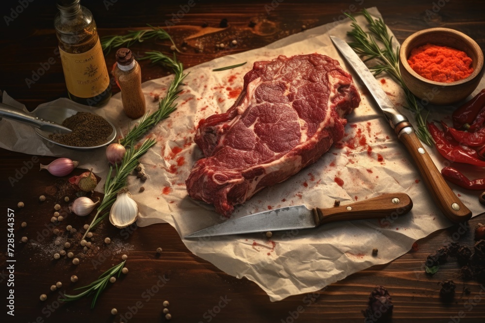 Poster a piece of meat sits on top of a piece of paper, accompanied by a knife. suitable for culinary theme