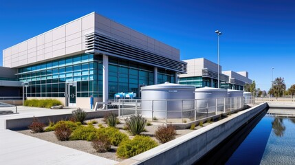 Obraz premium A building with a water tank in front of it. Suitable for architectural and construction themes