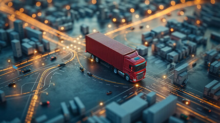 Container-laden truck on map—GPS tracking unveils real-time journey. Precision and efficiency converge as technology monitors the seamless transport route. - obrazy, fototapety, plakaty