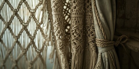 A detailed close-up of a curtain with a neatly tied knot. Ideal for interior design and home decor projects
