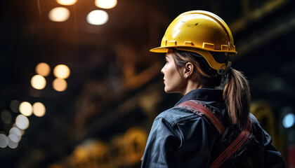 Woman in construction helmet at production factory, March 8 World Women's Day