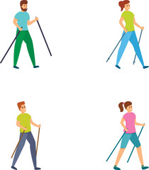 Fototapeta premium Nordic walking icons set cartoon vector. People doing nordic walking. Sport, outdoor activity