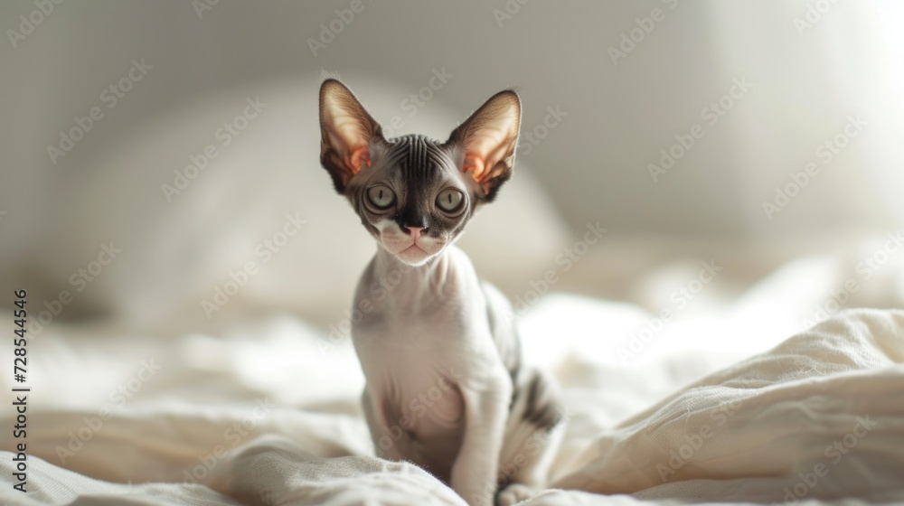 Poster a cat sitting on top of a white blanket. can be used for pet-related designs and content