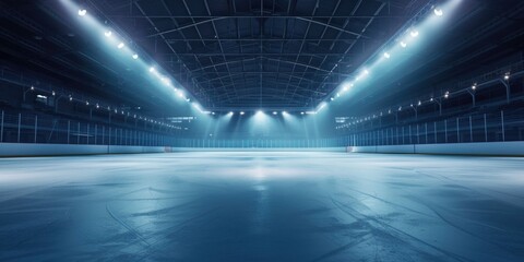 An empty hockey rink with lights shining on the ice. Perfect for sports-related projects or winter-themed designs