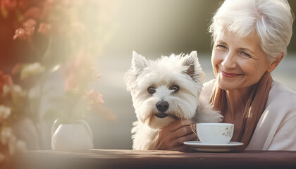 Old woman drinking coffee in cafe with dog, March 8 World Women's Day