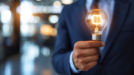 Close-up, Hand of businessman holding illuminated light bulb, idea, innovation and inspiration concept - obrazy, fototapety, plakaty