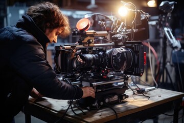 A man is seen working on a camera in a dark room. This image can be used to depict a photographer or filmmaker working on their equipment in a professional setting - obrazy, fototapety, plakaty