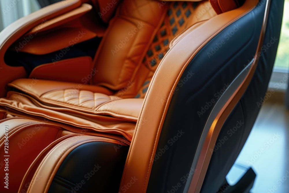 Poster a comfortable brown and black massage chair placed in front of a window. ideal for relaxation and re