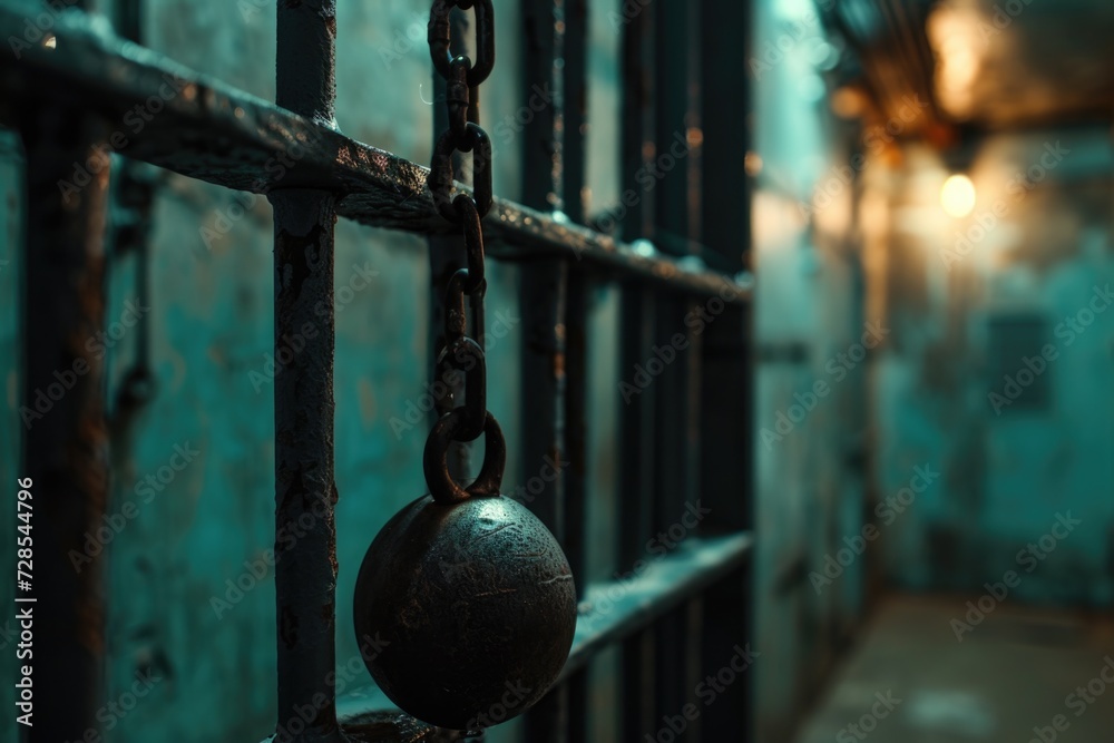 Poster A picture of a locked door with a chain hanging from it. This image can be used to represent security, restriction, or a barrier