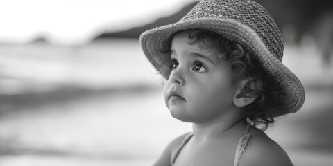 A little girl wearing a hat on the beach. Perfect for summer vacation or beach-themed projects