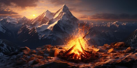 Fototapeta premium A campfire burning brightly in the middle of a picturesque mountain range. Perfect for outdoor adventure and camping themes