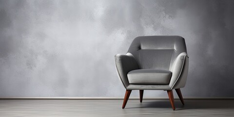 Grey velvet armchair in art deco style on white background. Furniture series, wooden legs, front view with grey shadow.