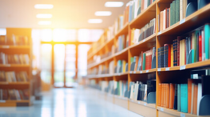 Abstract blurred public library interior space. blurry room with bookshelves by defocused effect. 