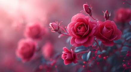 Vibrant red roses with dewdrops on a dreamy pink background, suitable for romantic and floral themes.