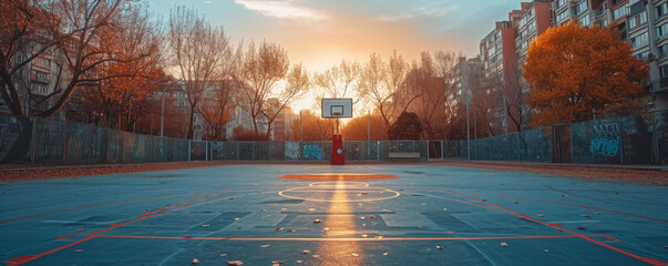 View of a basketball court for street basketball in a city yard in the shade of trees. Development and popularization of mass sports and active leisure in the urban environment. - obrazy, fototapety, plakaty