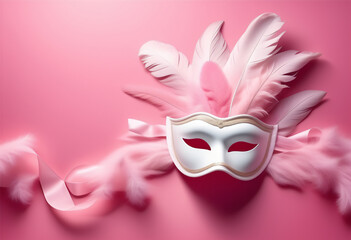 White carnival mask decorated with feathers on pink background