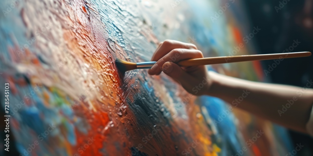Poster a person is seen holding a paintbrush and diligently painting on a canvas. this image can be used to