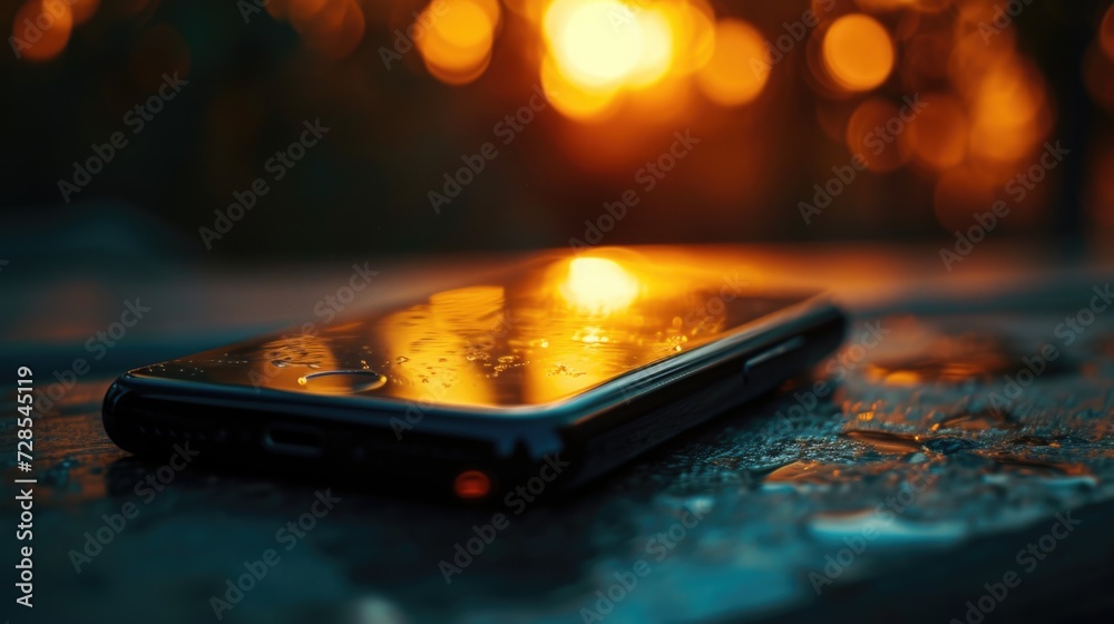 Poster a cell phone sitting on top of a table. perfect for technology or communication concepts