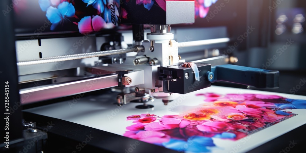 Poster A printer is shown in the process of printing a picture of flowers. This image can be used for various purposes