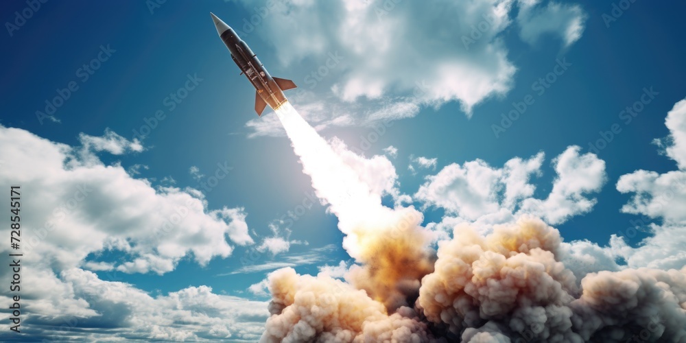 Poster a rocket launching into the sky with smoke. perfect for illustrating space exploration and technolog