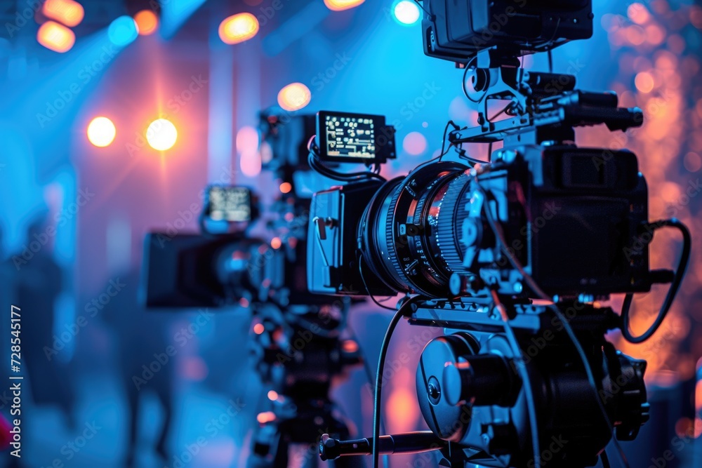 Poster multiple cameras placed on a tripod, ready for capturing high-quality images. ideal for photography 