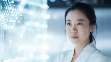 Obraz premium Portrait showcasing the intelligence and innovation of a Chinese woman making strides in the tech industry