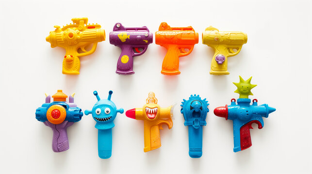 A collection of water guns with whimsical character designs, isolated on a white background, ensuring a high-quality and fun addition to kids' Holi festivities
