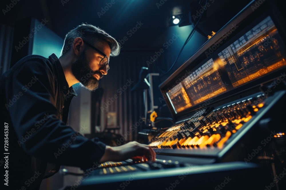 Aufkleber a man is seen working on a keyboard in a recording studio. this image can be used to depict music pr