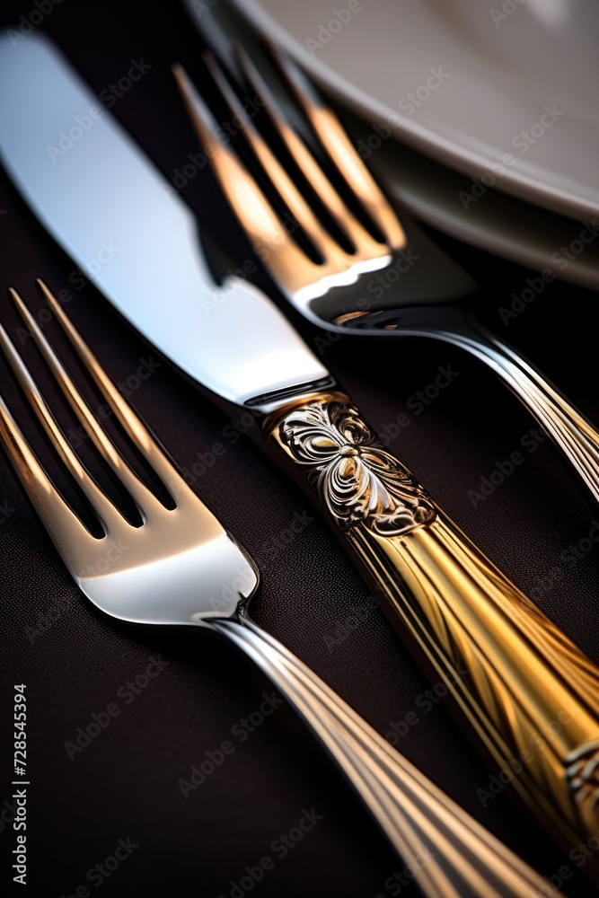 Poster A close-up view of a knife and fork placed on a table. This image can be used to depict dining, restaurant, food, or mealtime concepts