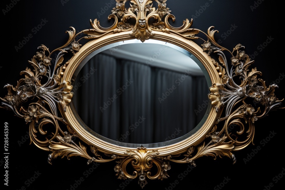 Poster a stunning gold mirror with a black curtain in the background. perfect for adding a touch of eleganc