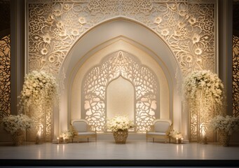 White wedding backdrop aesthetic flower wreath decoration indoor background