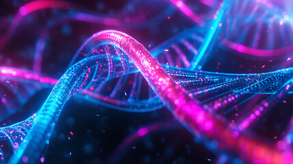 Futuristic 3D rendering of neon-infused DNA strands intertwining, symbolizing the essence of life in a visually captivating manner. 