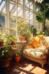 A cozy sun room with a comfortable couch and an abundance of potted plants. Perfect for relaxing and enjoying the natural sunlight. Ideal for home decor or gardening themes