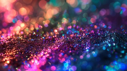 Glittery background with many colorful lights including shades of pink, blue, green and orange. These lights create a bokeh effect, filling the frame with a sense of celebration and wonder. - obrazy, fototapety, plakaty