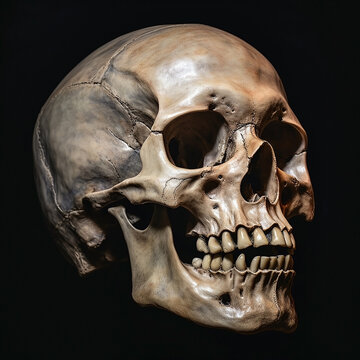 Human skull isolated on black background.
