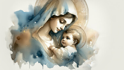 Holy Maternity: Madonna Cradling the Infant Jesus. Watercolor Illustration. - obrazy, fototapety, plakaty