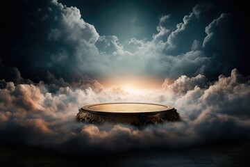 Futuristic sky volcano podium for product display. Clouds and space promotion. - obrazy, fototapety, plakaty