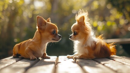 Playful Chihuahua and Papillon Dogs on Wooden Deck
