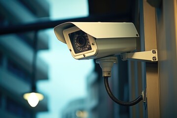 A security camera mounted on the side of a building. Suitable for surveillance and monitoring purposes
