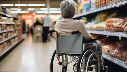 Woman in wheelchair in supermarket buying groceries - obrazy, fototapety, plakaty
