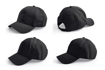 Four black baseball caps on a white background. Perfect for sports teams, events, or casual wear - obrazy, fototapety, plakaty
