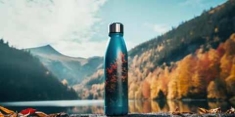 Fotobehang A blue water bottle sits on top of a rock. Suitable for outdoor adventure and nature-themed designs © Fotograf