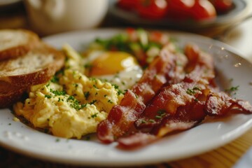 A picture of a white plate with eggs and bacon. Can be used for food-related articles and blogs