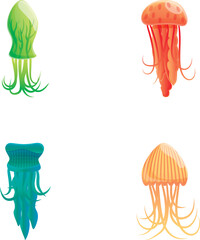 Cartoon jellyfish icons set cartoon vector. Various colorful jellyfish. Sea animal