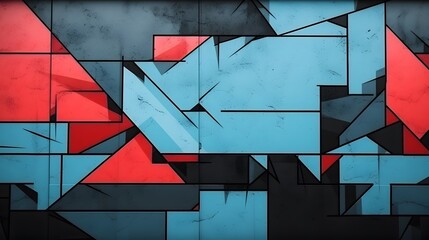 Abstract wall surface with part of graffiti. Geometric lines, light blue, black, red colors background